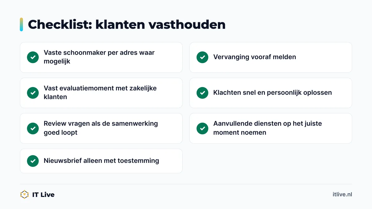 Checklist met gewoontes waarmee een schoonmaakbedrijf terugkerende klanten vasthoudt