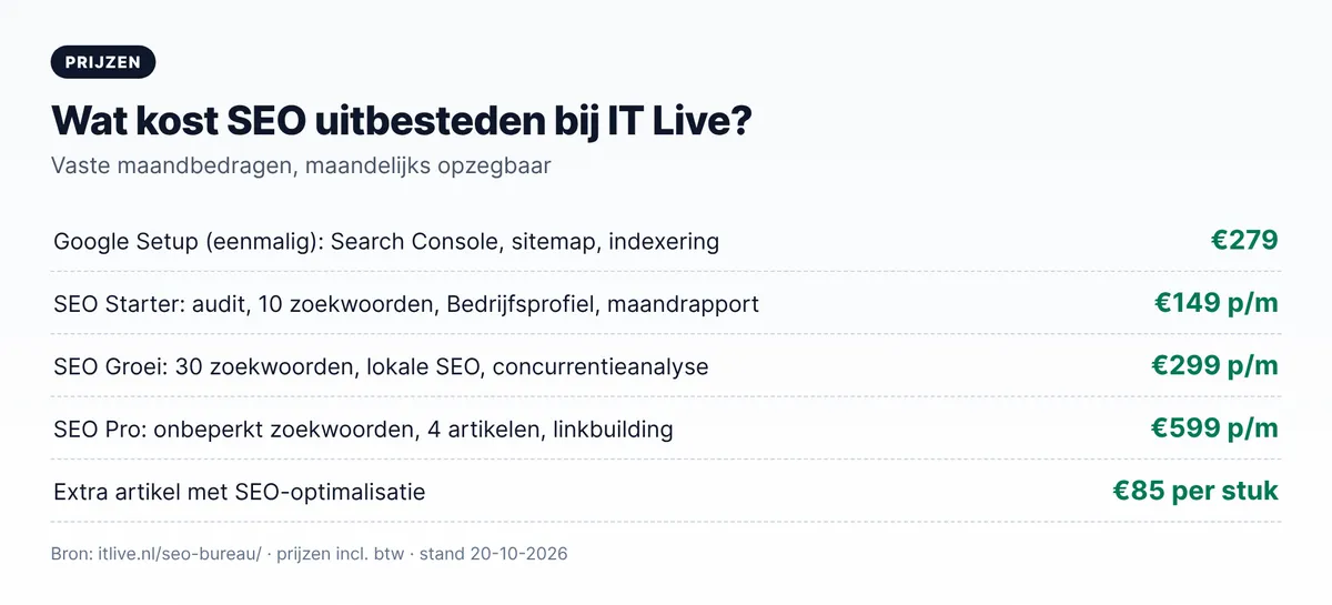 Kosten SEO uitbesteden bij Layg: Google Setup €279 eenmalig, SEO Starter €149, Groei €299 en Pro €599 per maand, extra artikel €85